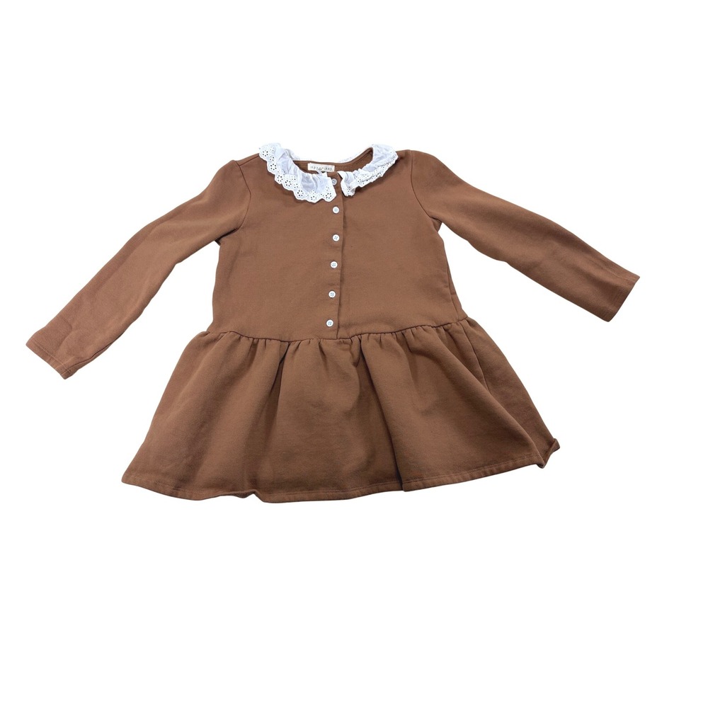 Copper Key Girls Brown Fleece Dress White Eyelet Lace Collar Size S 7 CK7169OAFL